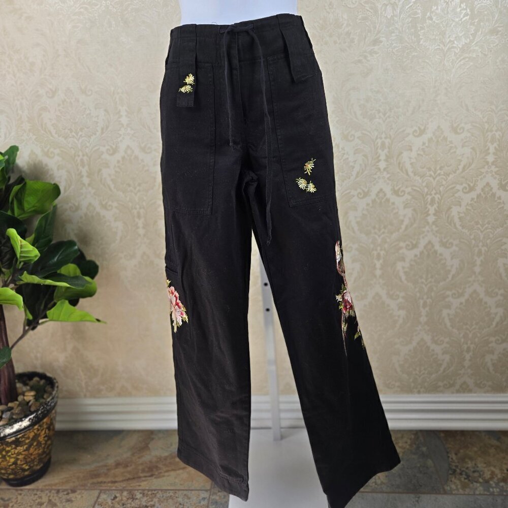 Johnny Was Size XS 100% Cotton Black Pants Floral Bird Embroidery Pockets